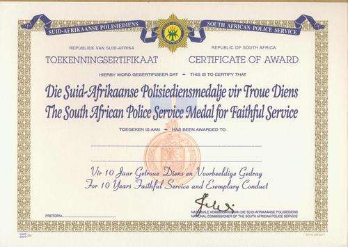 (A469) CERTIFICATE OF AWARD:  10 Years Faithful Service- Signature Position Different - ORIGINAL!!