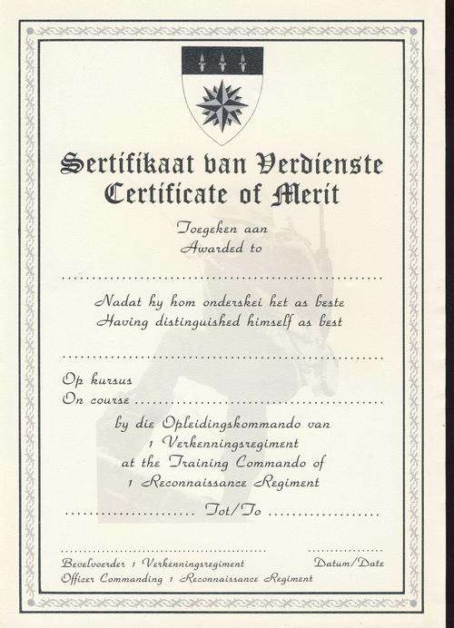F0989 - CERTIFICATE OF MERIT - SA 1 Recce Regiment (Unsigned) - OBSOLETE - ORIGINAL!!!