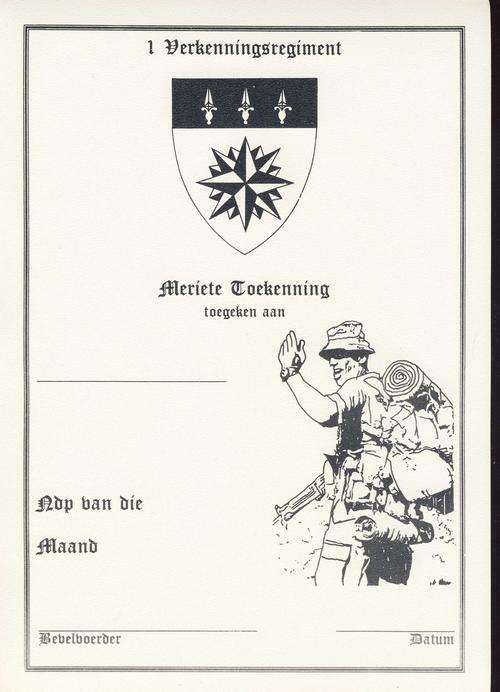 *F0991 - CERTIFICATE OF MERIT - SA 1 Recce Regiment (Unsigned) - OBSOLETE - ORIGINAL!!!