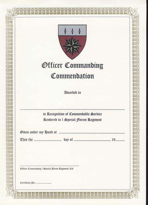 F0993 - O/C COMMENDATION CERTIFICATE - SA 1 Recce Regiment (Unsigned) - OBSOLETE - ORIGINAL!!!
