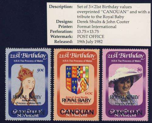 *F1927 - GRENADINES OF ST. VINCENT "CANOUAN" 1982 - Royal Baby - Set of 3 Stamps - **UM