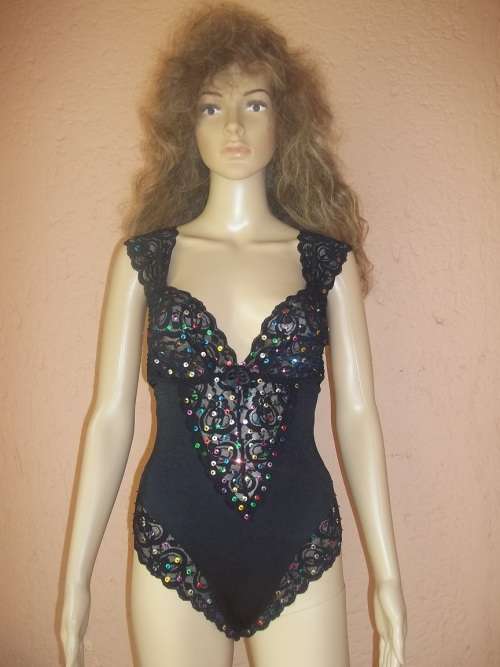 WOOLWORTHS BLACK SEQUINED AND LACE BODY SUIT  - Size 10 (34)
