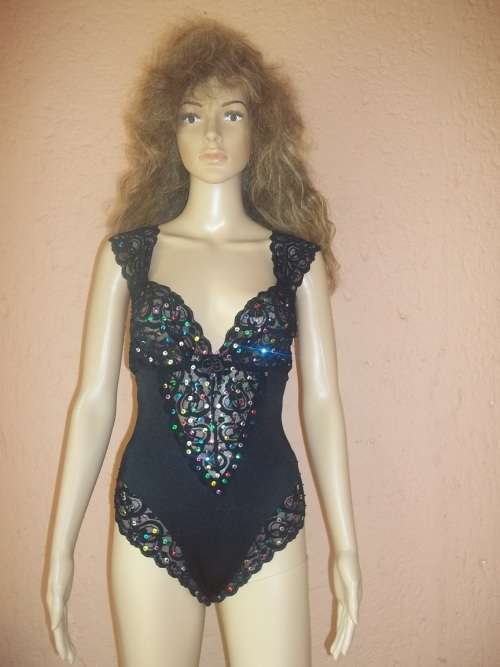 WOOLWORTHS BLACK SEQUINED AND LACE BODY SUIT  - Size 10 (34)