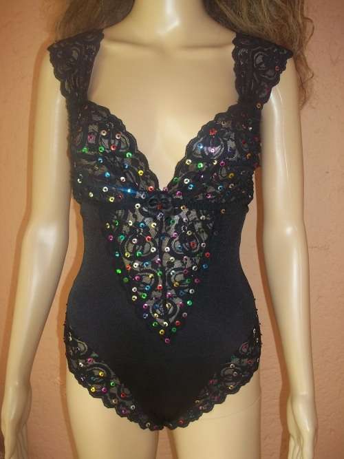WOOLWORTHS BLACK SEQUINED AND LACE BODY SUIT  - Size 10 (34)