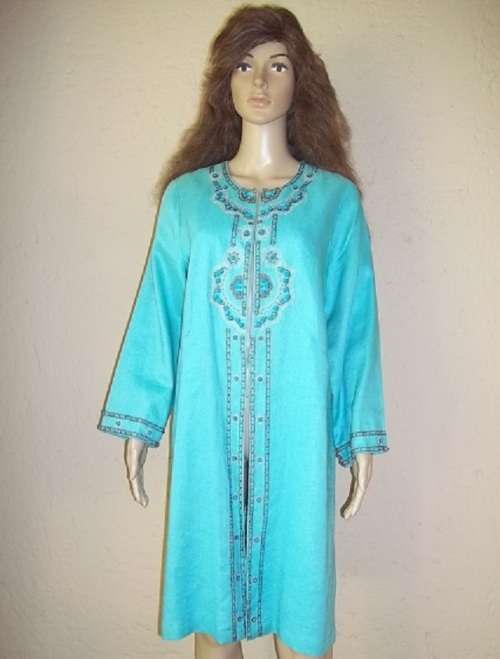 MAGNIFICENT TURQUOISE BEADED BAROQUE LINEN TUNIC FROM QUEENSPARK - SIZE 38