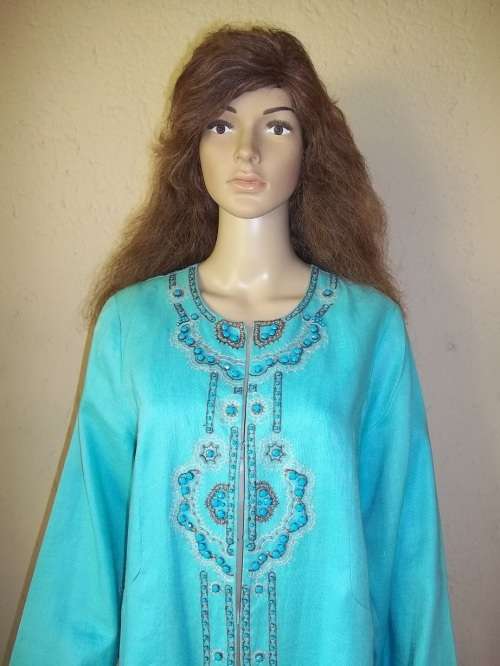 MAGNIFICENT TURQUOISE BEADED BAROQUE LINEN TUNIC FROM QUEENSPARK - SIZE 38