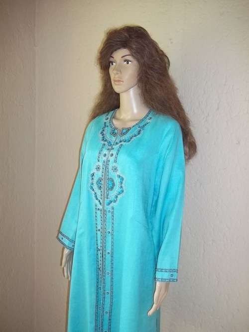 MAGNIFICENT TURQUOISE BEADED BAROQUE LINEN TUNIC FROM QUEENSPARK - SIZE 38