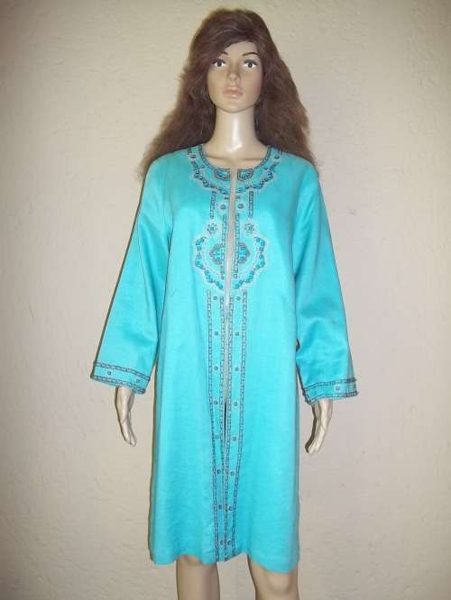 MAGNIFICENT TURQUOISE BEADED BAROQUE LINEN TUNIC FROM QUEENSPARK - SIZE 38