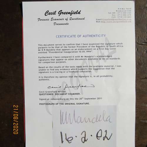 NELSON MANDELA SIGNED WITH SERT.