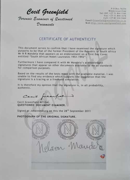 Nelson Mandela Hand Signed Nobel Prize & COA