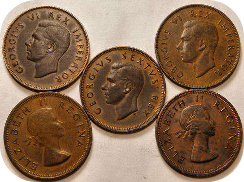 Bargain SA Union:  Penny 1d set of 5 coins: 1945 1946 1949 1954 1958.  Take them at R20 each...