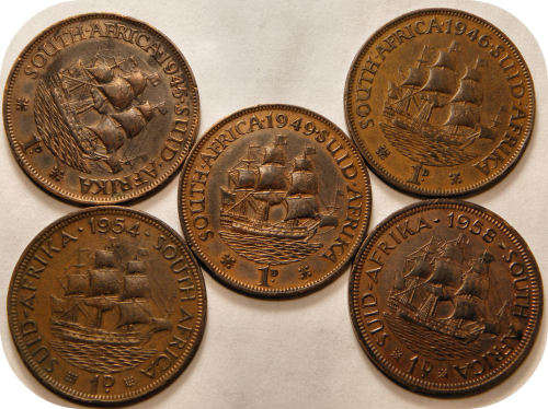 Bargain SA Union:  Penny 1d set of 5 coins: 1945 1946 1949 1954 1958.  Take them at R20 each...