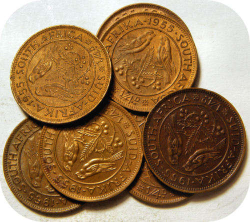 SA Unie: 7 x 1955 1/4d in EF onder R20!  Bie per munt.