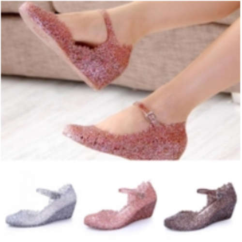 Comfort,Light Candy Glitter Jelly Wedge Casual Shoes in Silver/ Pink / Brown Size 2.5-7