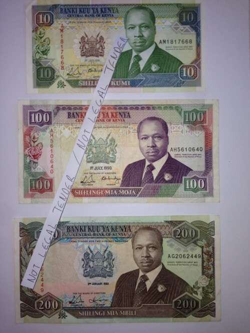 Kenya Daniel T. A. Moi: 10 Shilingi, 100 Shilingi, 200 Shilingi. Condition as shown. Bid per lot.