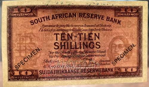 J Postmus 1st issue Ten Shillings 1933 Specimen AU/Unc