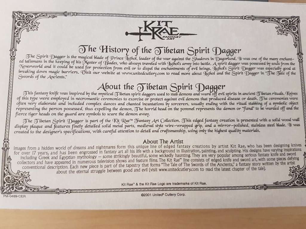 Authentic United Cutlery Kit Rae Tibetan Spirit Dagger Retail Value R6000