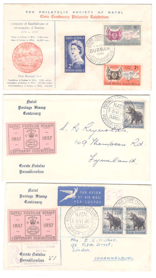 3 x Natal Philatelic Exhibition - Postage Stamp Centenary Exhibition 1957 and Civic Centenary 1954