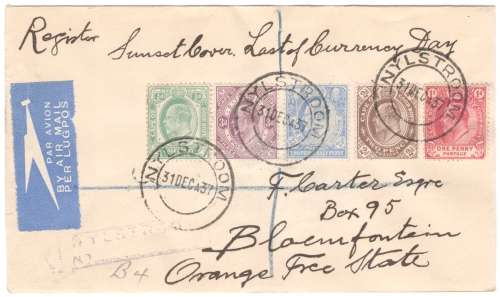1937 Spectacular Sunset cover in Tamsen`s hand from Nylstroom to Bloemfontein - CGH definitives