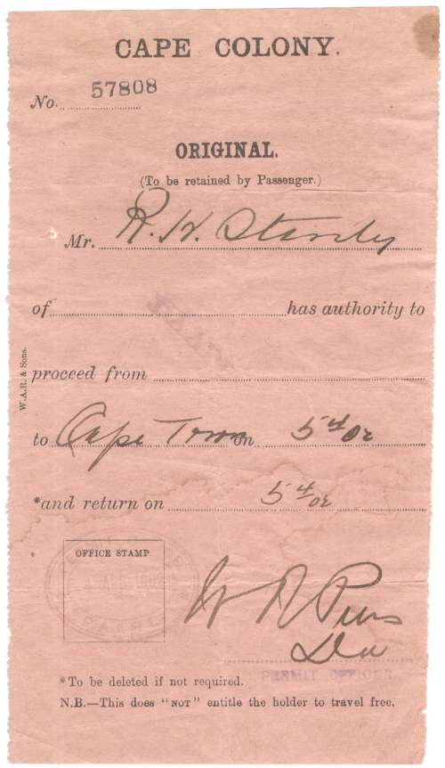 Rare Boer War Permit 1902- Lady Grey Bridge cancel Putzel 3- rated 40/200 - Permit Officer Paarl