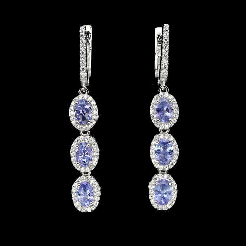 STUNNING GENUINE TANZANITE EARRING WITH CZ SET IN RHODIUM WHITE GOLD