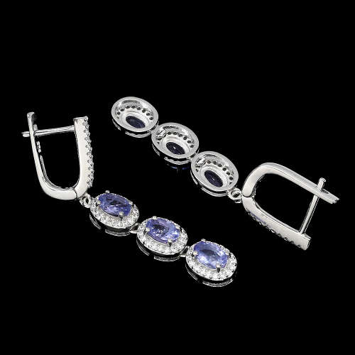 STUNNING GENUINE TANZANITE EARRING WITH CZ SET IN RHODIUM WHITE GOLD