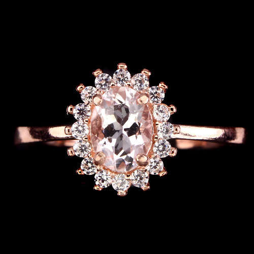 WOW FACTOR!   GORGEOUS DAINTY MORGANITE RING SET WITH CZ's IN ROSE GOLD RHODIUM  SIZE 7
