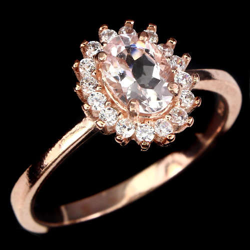 WOW FACTOR!   GORGEOUS DAINTY MORGANITE RING SET WITH CZ's IN ROSE GOLD RHODIUM  SIZE 7