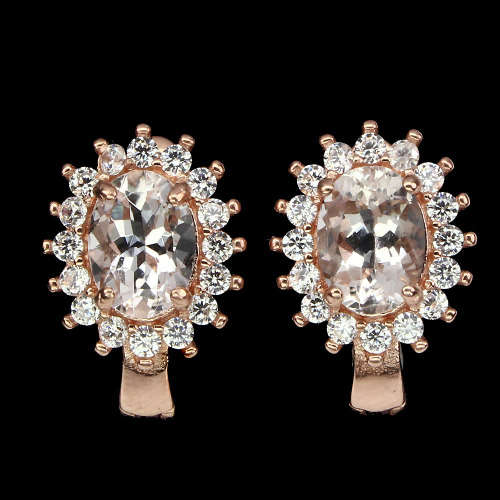 GORGEOUS!   100% NATURAL SOFT PINK MORGANITE EARRINGS!  SET IN ROSE GOLD RHODIUM WITH CZs