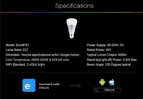 Sonoff B1 Dimmer Wi-Fi E27 Smart LED Light Bulb <BEST BUY>