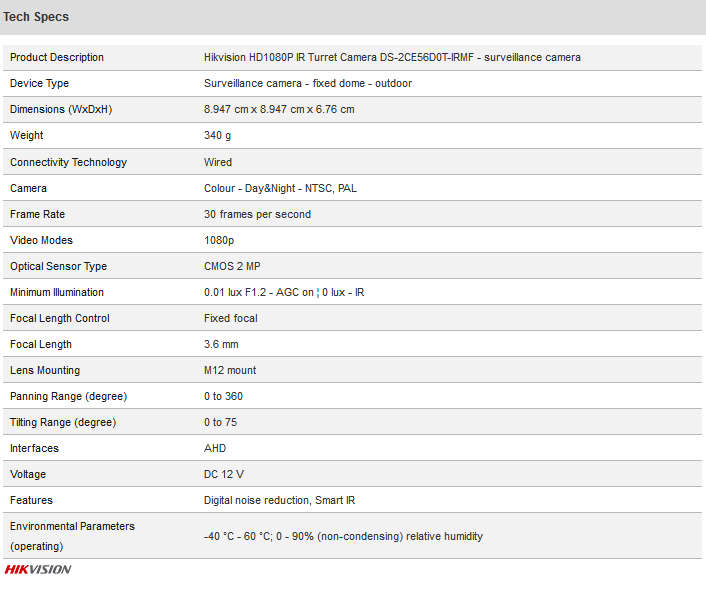 HikVision 2MP Turret Surveilance Camera < Full HD 1080P >