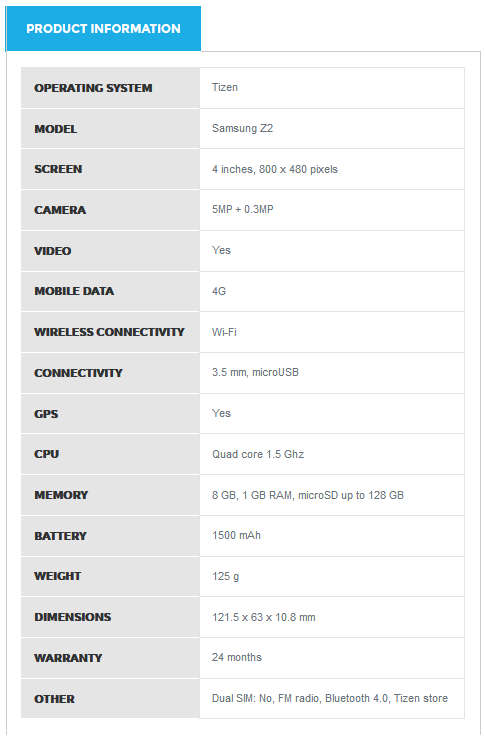 SAMSUNG Z2 Smartphone < Quad Core 1.5Ghz, 8GB Memory >