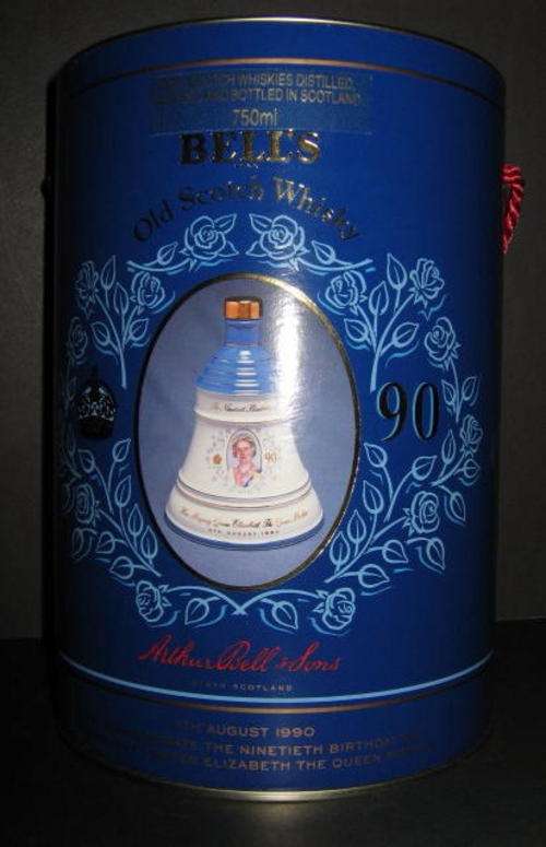 BELLS SCOTCH WHISKEY DECANTER: 90th BIRTHDAY HER MAJESTY QUEEN ELIZABETH THE QUEEN MOTHER -REDUCED