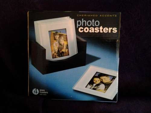 PHOTO COASTERS -- 4 GLASS COASTERS WITH BLACK HOLDER -- NEW --
