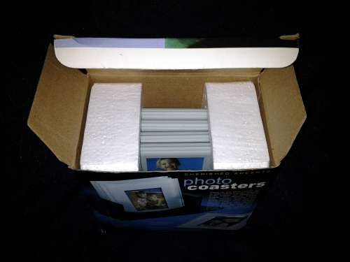 PHOTO COASTERS -- 4 GLASS COASTERS WITH BLACK HOLDER -- NEW --