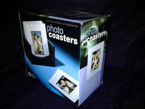 PHOTO COASTERS -- 4 GLASS COASTERS WITH BLACK HOLDER -- NEW --