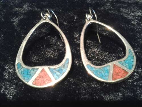 STERLING SILVER TURQUOISE AND CORAL DANGLE EARRINGS