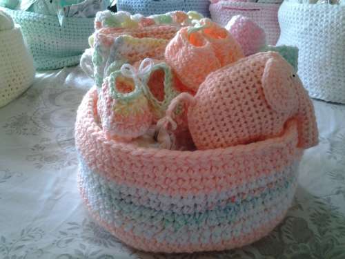 6 BABY BASKETS/ HAMPERS - NEWBORN - HANDMADE CROCHET - EACH DIFFERENT COLOR - EACH R400 - SUPER GIFT
