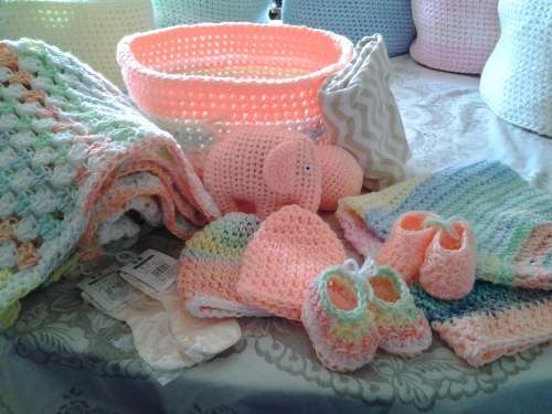 6 BABY BASKETS/ HAMPERS - NEWBORN - HANDMADE CROCHET - EACH DIFFERENT COLOR - EACH R400 - SUPER GIFT