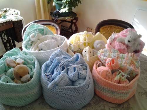 6 BABY BASKETS/ HAMPERS - NEWBORN - HANDMADE CROCHET - EACH DIFFERENT COLOR - EACH R400 - SUPER GIFT