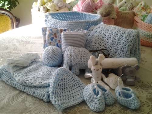 6 BABY BASKETS/ HAMPERS - NEWBORN - HANDMADE CROCHET - EACH DIFFERENT COLOR - EACH R400 - SUPER GIFT