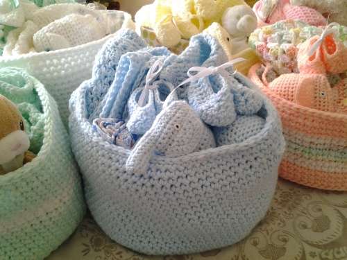 6 BABY BASKETS/ HAMPERS - NEWBORN - HANDMADE CROCHET - EACH DIFFERENT COLOR - EACH R400 - SUPER GIFT