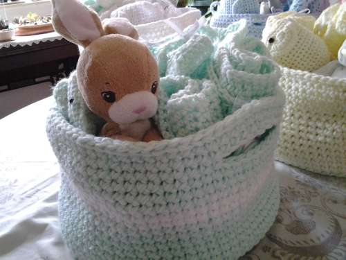6 BABY BASKETS/ HAMPERS - NEWBORN - HANDMADE CROCHET - EACH DIFFERENT COLOR - EACH R400 - SUPER GIFT