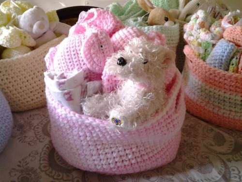 6 BABY BASKETS/ HAMPERS - NEWBORN - HANDMADE CROCHET - EACH DIFFERENT COLOR - EACH R400 - SUPER GIFT