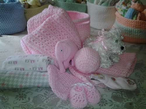6 BABY BASKETS/ HAMPERS - NEWBORN - HANDMADE CROCHET - EACH DIFFERENT COLOR - EACH R400 - SUPER GIFT