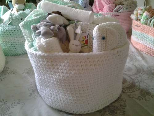 6 BABY BASKETS/ HAMPERS - NEWBORN - HANDMADE CROCHET - EACH DIFFERENT COLOR - EACH R400 - SUPER GIFT