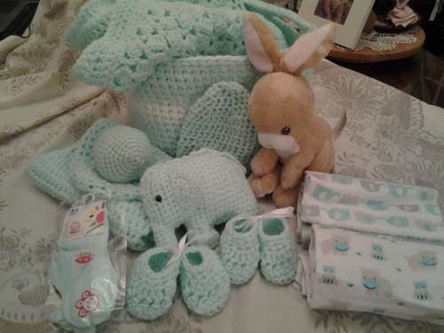 6 BABY BASKETS/ HAMPERS - NEWBORN - HANDMADE CROCHET - EACH DIFFERENT COLOR - EACH R400 - SUPER GIFT
