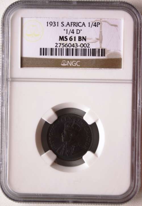 1931  Penny Farthing / 1/4 Penny ~ "SUID AFRICA" ~ Union of South Africa MS61BN