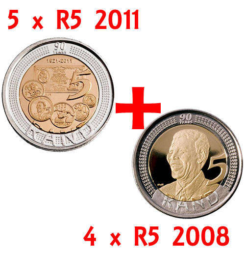 CRAZY R1 AUCTION!! 4 x Mandela 90 Year Birthday Coins + 5 x 90th Anniversary R5 Year 2011 Coins