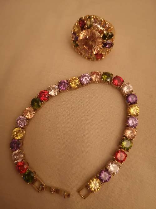 Gold Plated Coloured Stone Tennis Bracelet And Ring Set